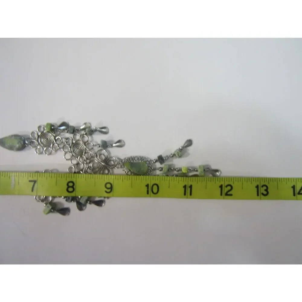 Green Marble Silver Tone Tear‎ Drop Statement Bead Neckalace Boho Cottagecore